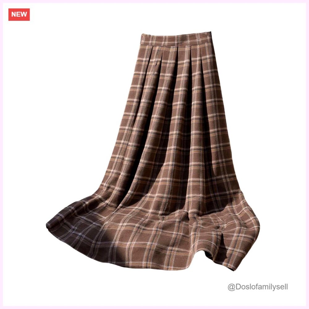 Vintage Plaid Pleated Maxi Skirt High Waist A Line Flowy Fall Preppy